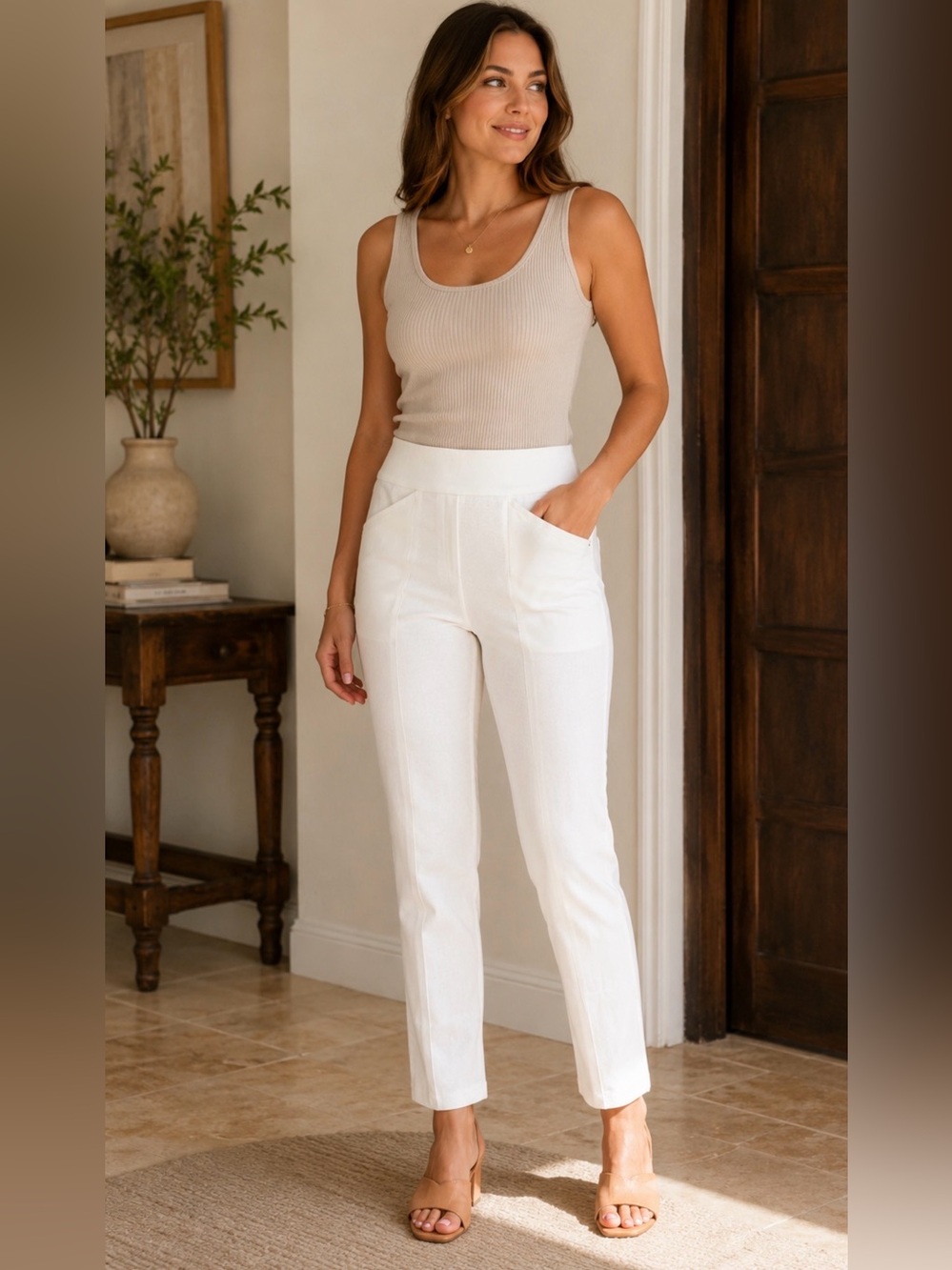 Chico’s So Slimming Reese Slim Leg Pants Women’s 0.5 R Ivory Stretch NWT #66